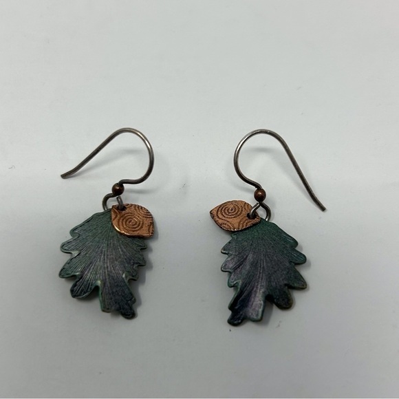 Abstract Green Leaf Dangle Earrings Textured Swirl with 925 Sterling Silver Hook - Picture 6 of 8